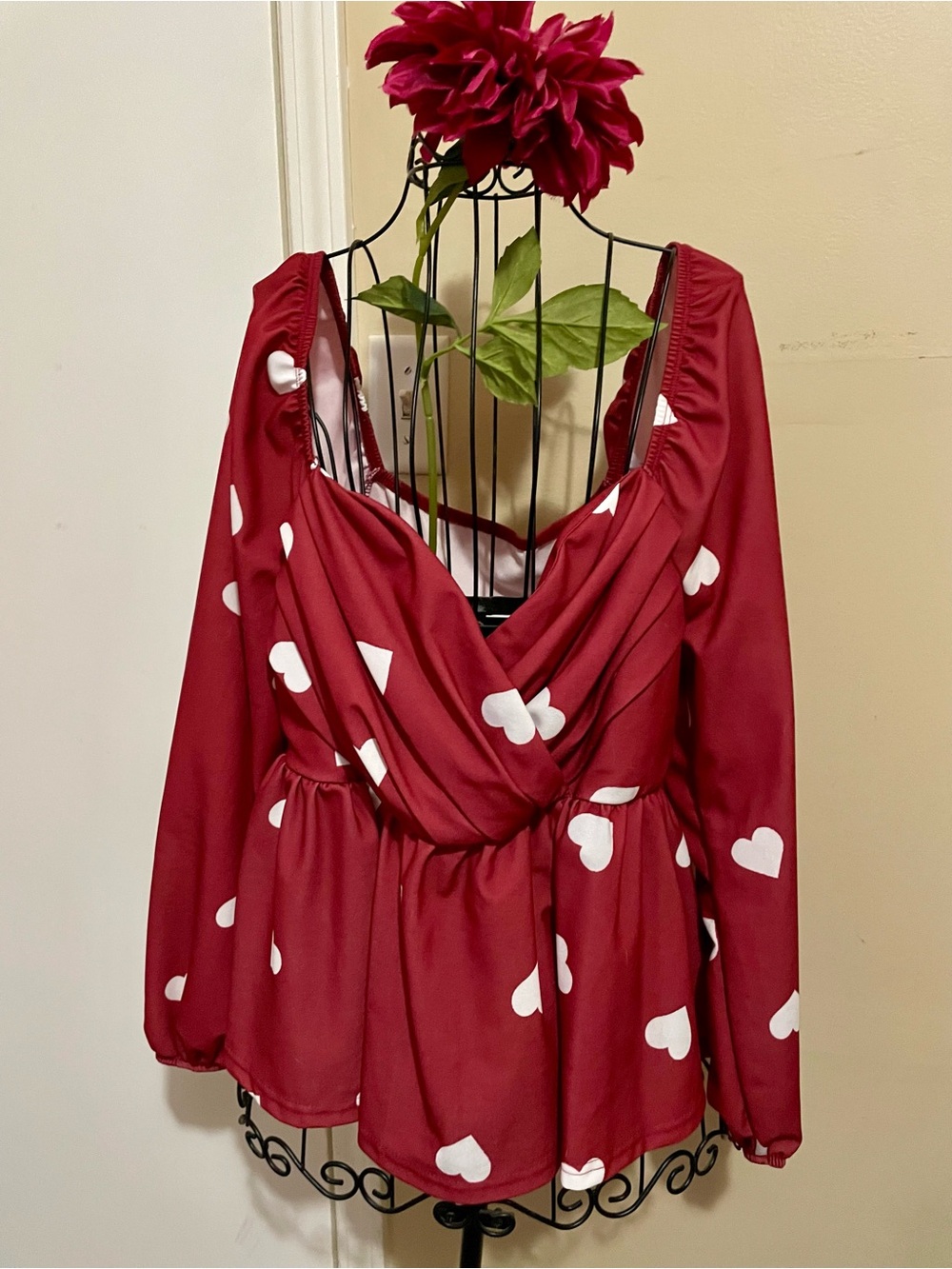 Red Heart Print Peplum Wrap Blouse - Picture 2 of 5
